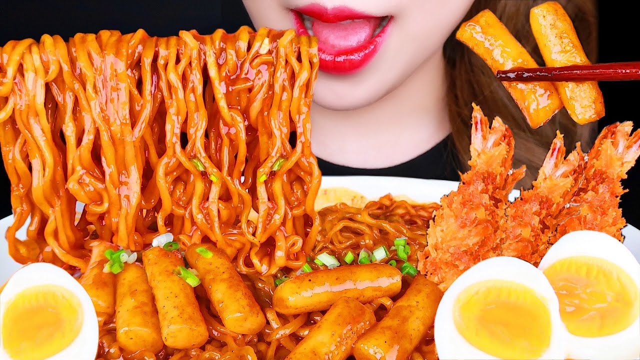 ASMR TTEOKBOKKI NOODLES, CRISPY FRIED SHRIMP 라볶이, 새우튀김 먹방 EATING SOUNDS MUKBANG NO TALKING