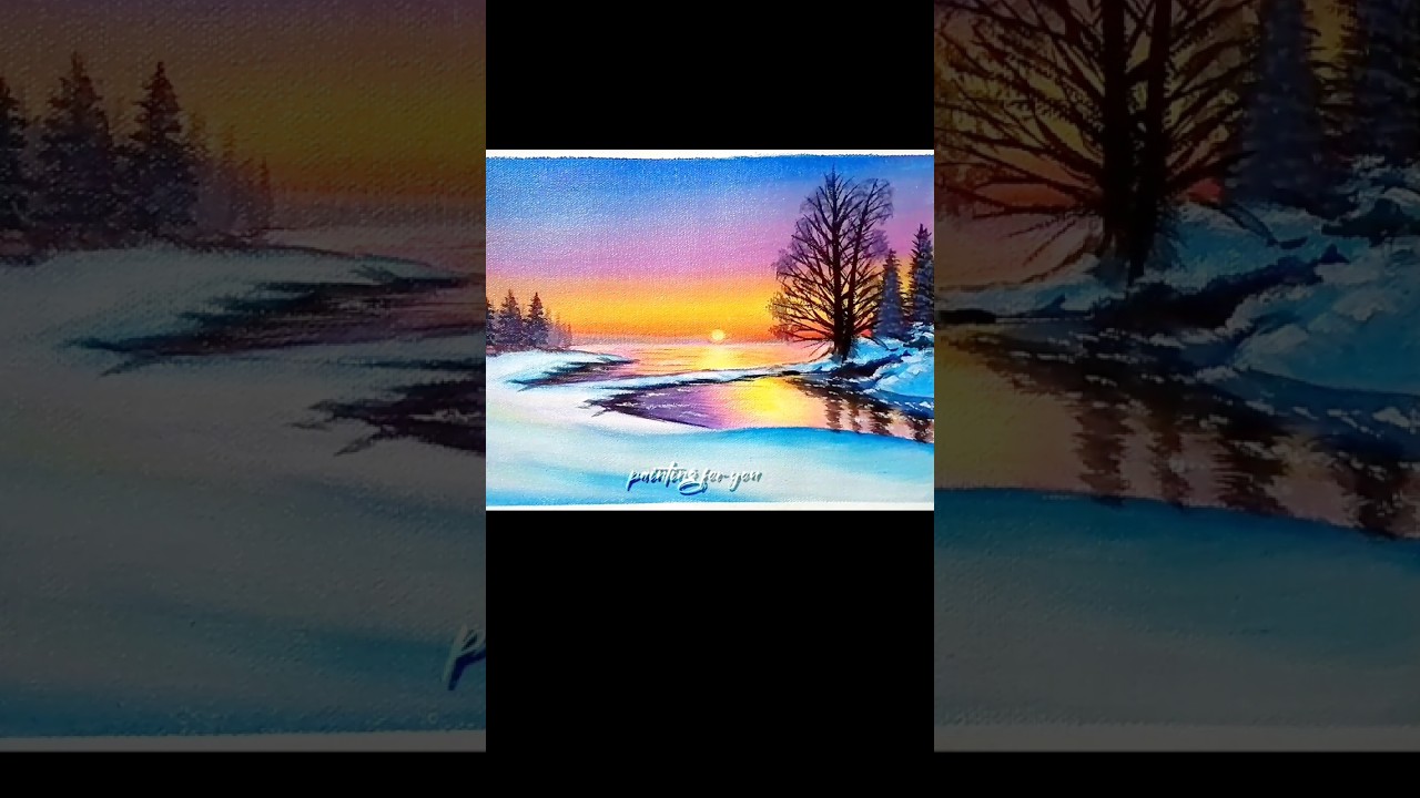 Winter Snowy Sunset Painting With Acrylic 