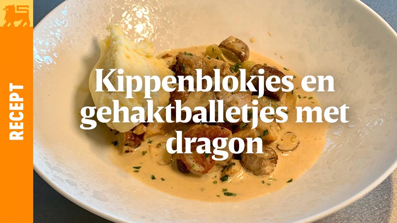 Kippenblokjes en gehaktballetjes met dragon, aardappelpuree door Bart Desmidt