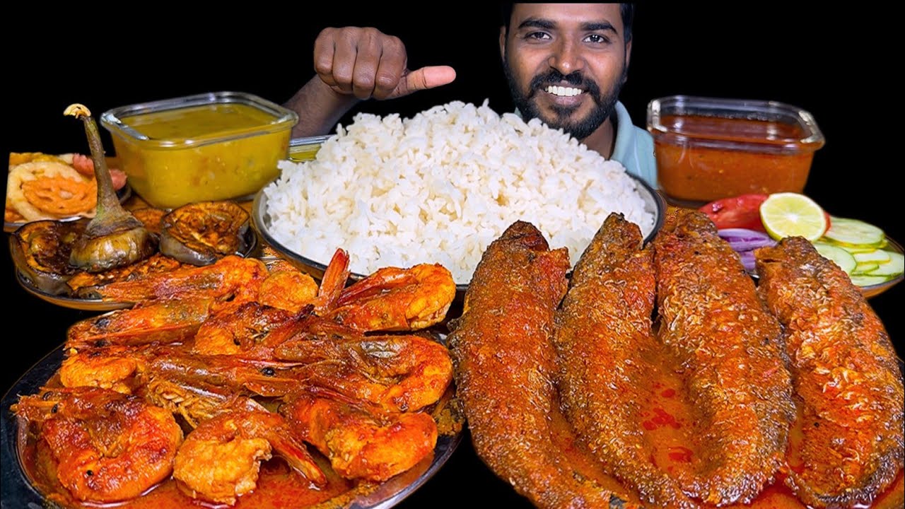 Eating Spicy Pabda Fish Curry with Prawns Curry | Dal Chawal, Baigan Fry & Salad Mukbang 