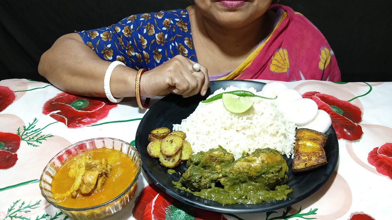 Eating Rice,🤤Palak chicken,Chicken curry,Alu,begun vaja,Salad #skeatingshow 