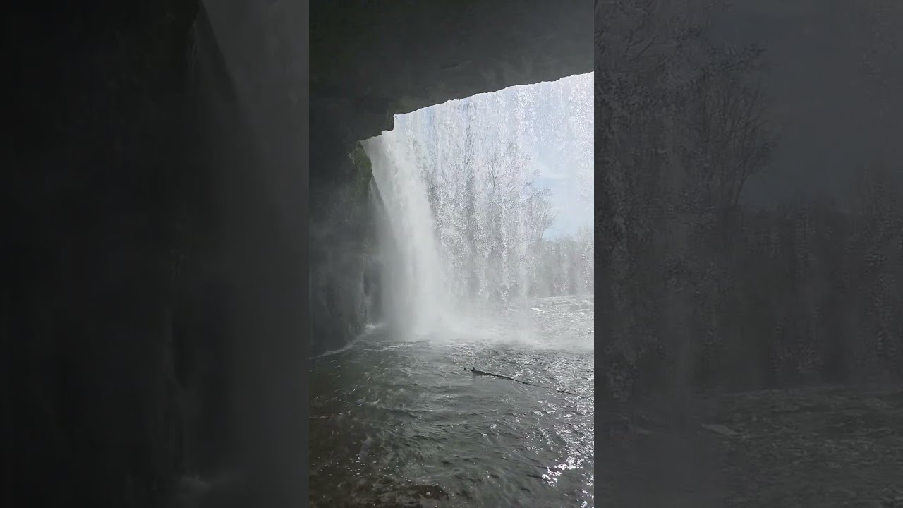Slow-motion view behind a waterfall
