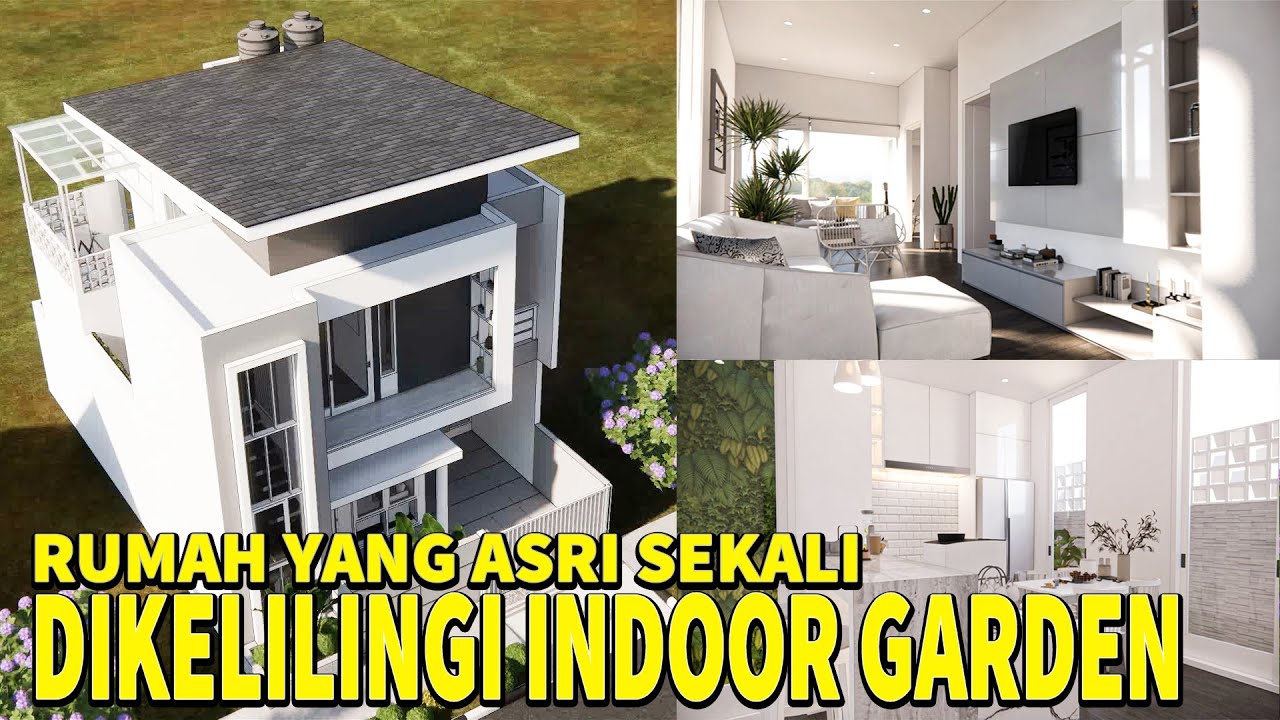 Desain rumah lahan 8x12 m 4 kamar tidur dengan indoor garden yang asri banget