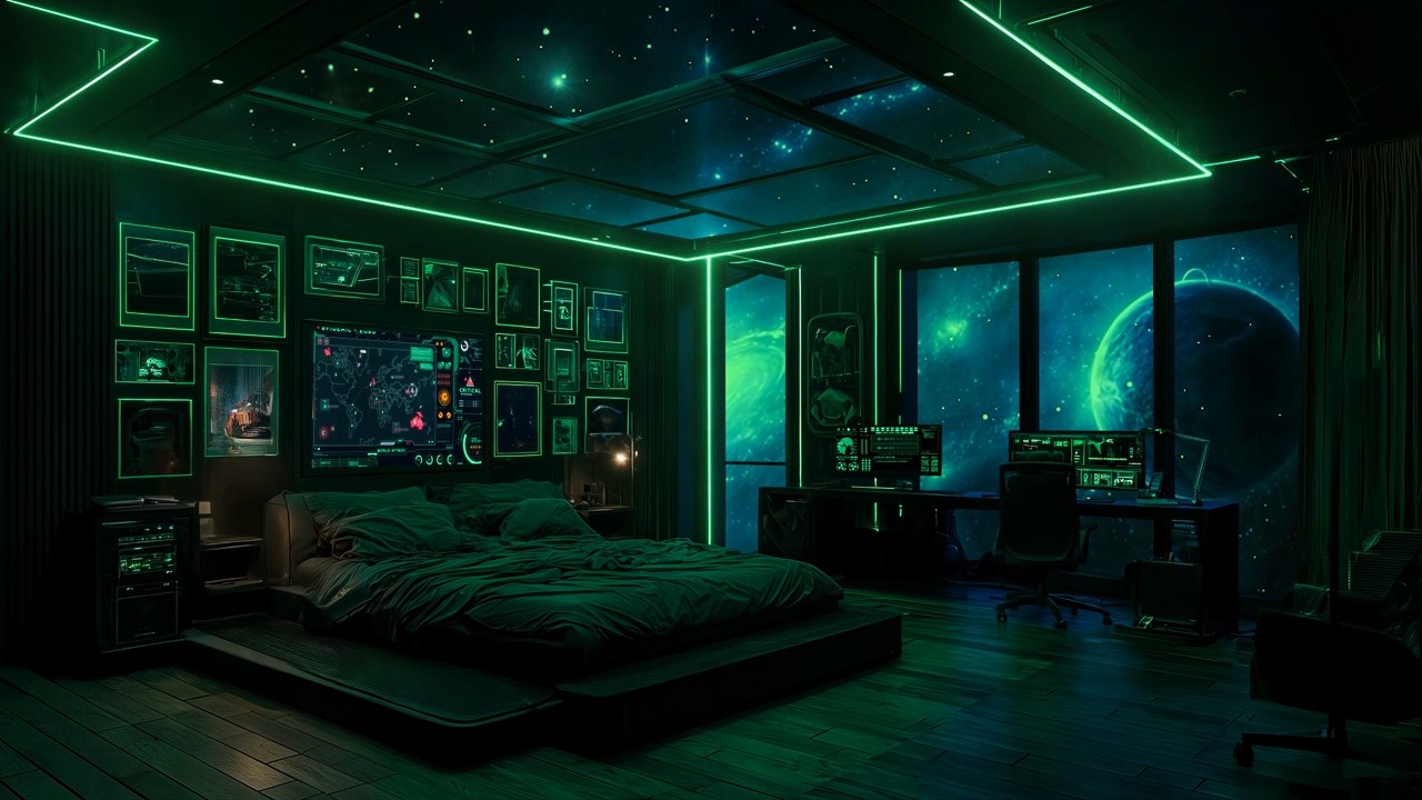 [NO ADS] Fall Asleep Fast in a Futuristic Spaceship Bedroom🌌Green Galaxy View | 12 Hours White Noise