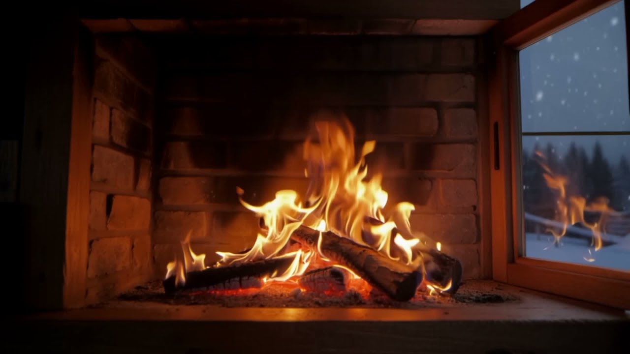 Fireplace with Snow Outside | Crackling Fire & Winter Ambience for Sleep 4K HD