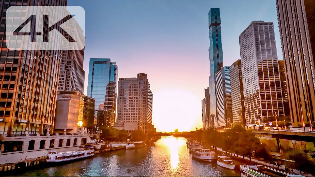 Chicago Riverwalk virtual run / walking tour during spectacular sunrise. [4K]
