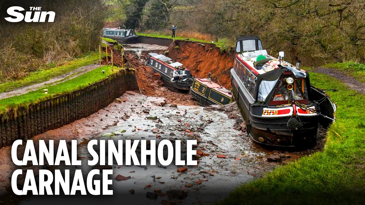 Giant SINKHOLE swallows canal sparking rescue mission in Shropshire