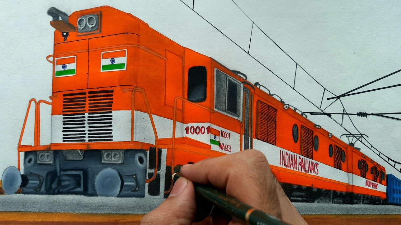 Drawing a train || WAG-C3 locomotive with freight train halted at station || Indian Railways