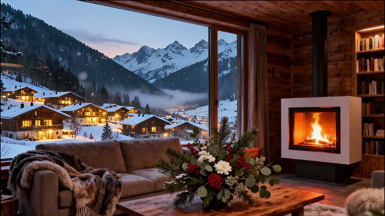 Cozy Winter Fireplace Ambience ❄️🔥 Soft Piano & Violin  Snowy Cabin Night #calmscape #ambientmusic