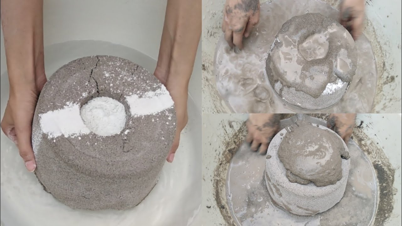 Soft sand cement coated with white cement crumbling and dipping in water with lots of mixing