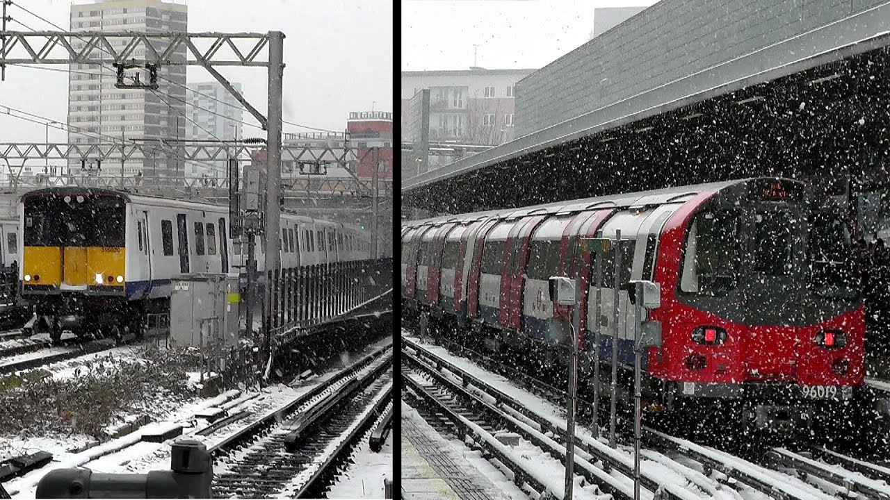 Trains at London Stratford Station in Snowy Weather