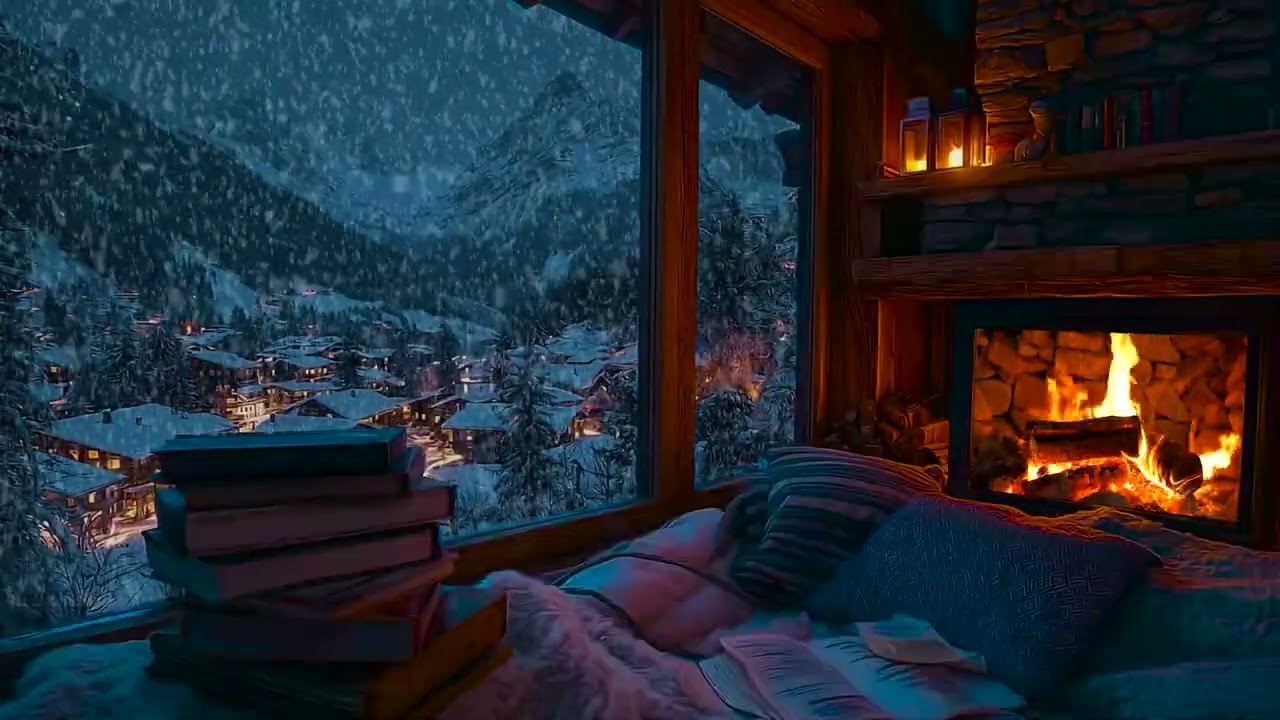 Peaceful Snowstorm Cabin Night with Fireplace Warmth Supporting Sleep, Focus and Stress Relief