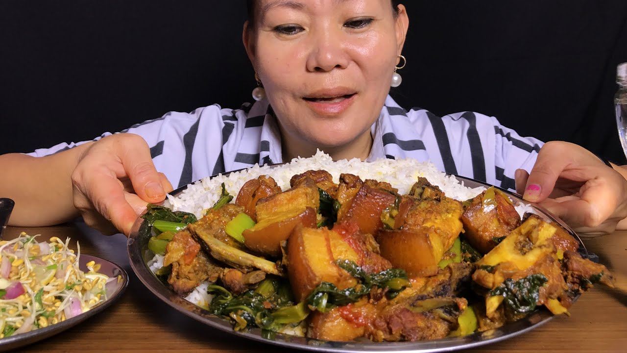 SUNGUR KO MASU SANGA SAAG🤤 | PORK BELLY GRAVY WITH SPINACH 🥵 AND RICE MUKBANG | Nepali Mukbang
