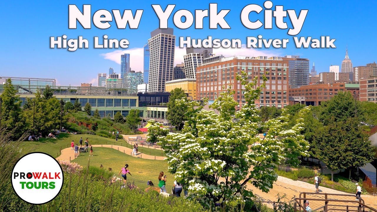 NYC High Line & Hudson River Walk - 4K with Captions - New York City