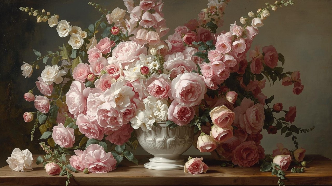 Romantic Blush Rose & Foxglove Still Life Vintage Painting | Frame TV Art | 2-Hour Screensaver