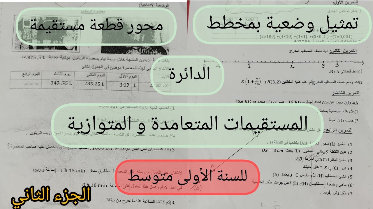 تابع لحل اختبار الفصل الأول في مادة الرياضيات للسنة الأولى متوسط