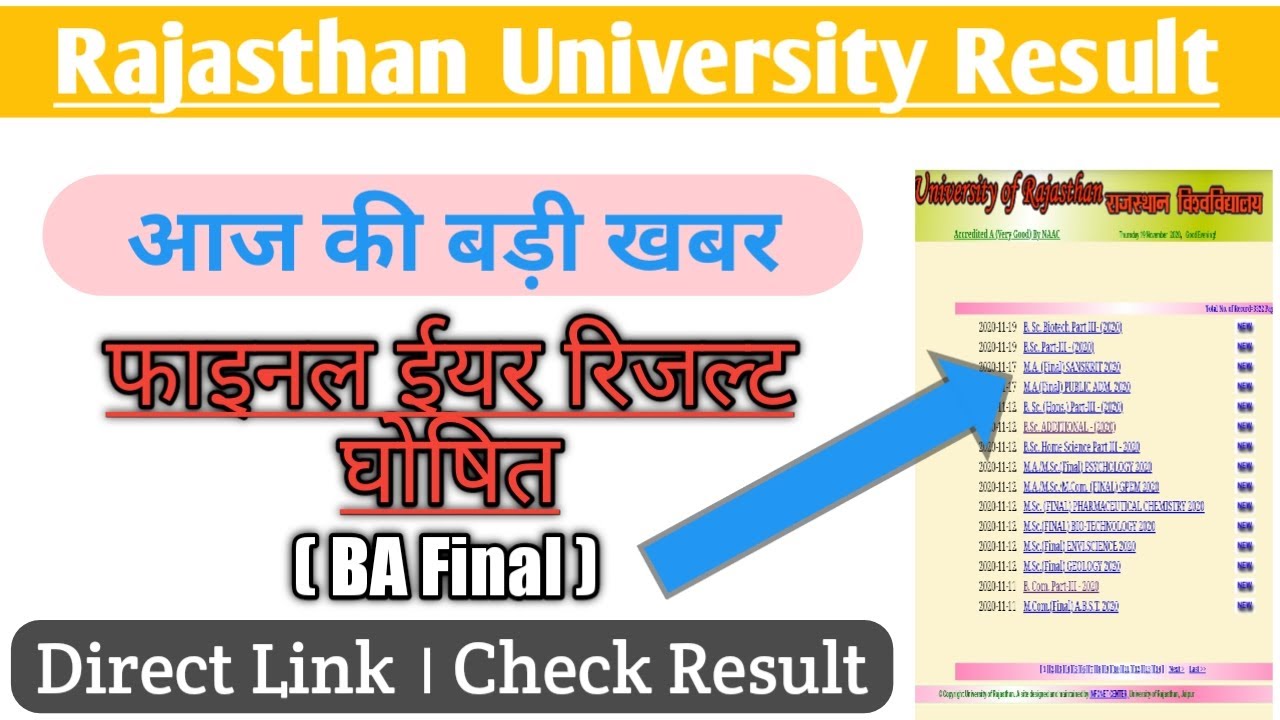 Rajasthan University Final Year Result 2020 | BA Final Result 2020 | College Exam Result Declare
