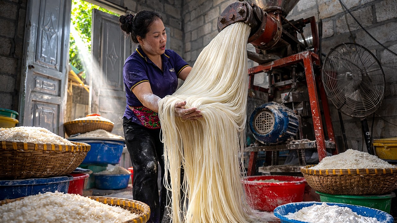 Rice Goes In, Fresh Noodles Come Out! Inside a Busy Village Workshop
