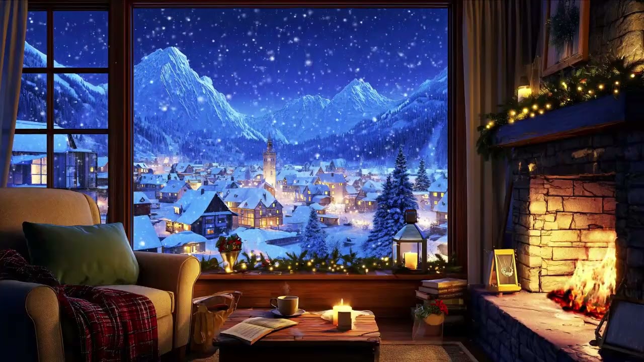 Snowy Mountain Village | Fireplace & Winter Night Sounds | Winter Cabin Ambience 4K