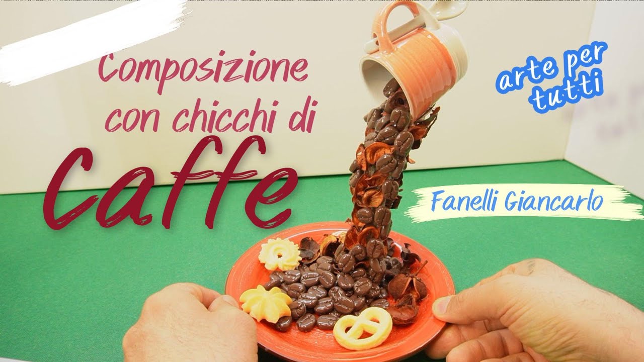 Composizione con tazzina sospesa e chicchi di caffe finti