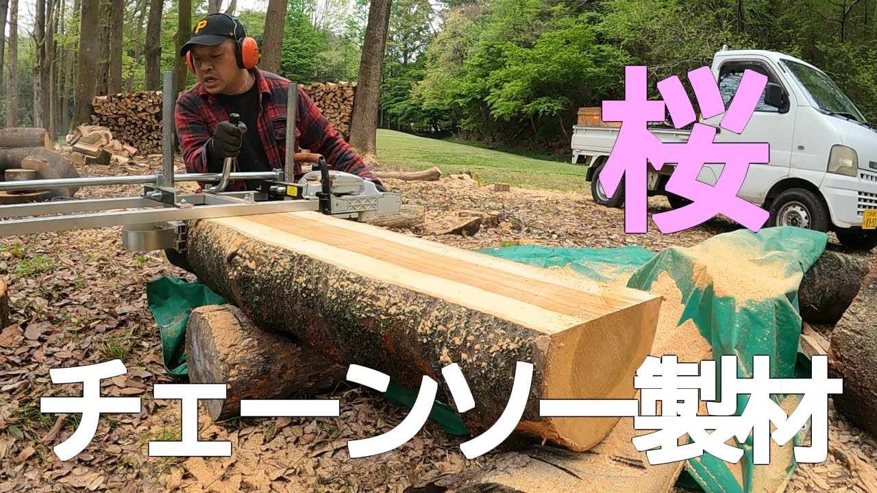 チェーンソー製材、桜