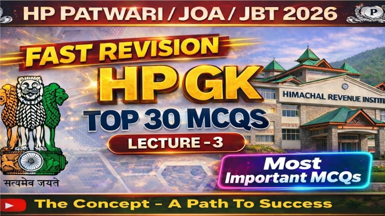 Fast Revision Top MCQs of HP GK : Lecture - 3 for HP Patwari / JBT / JOA-IT of HPRCA Exams 2026 