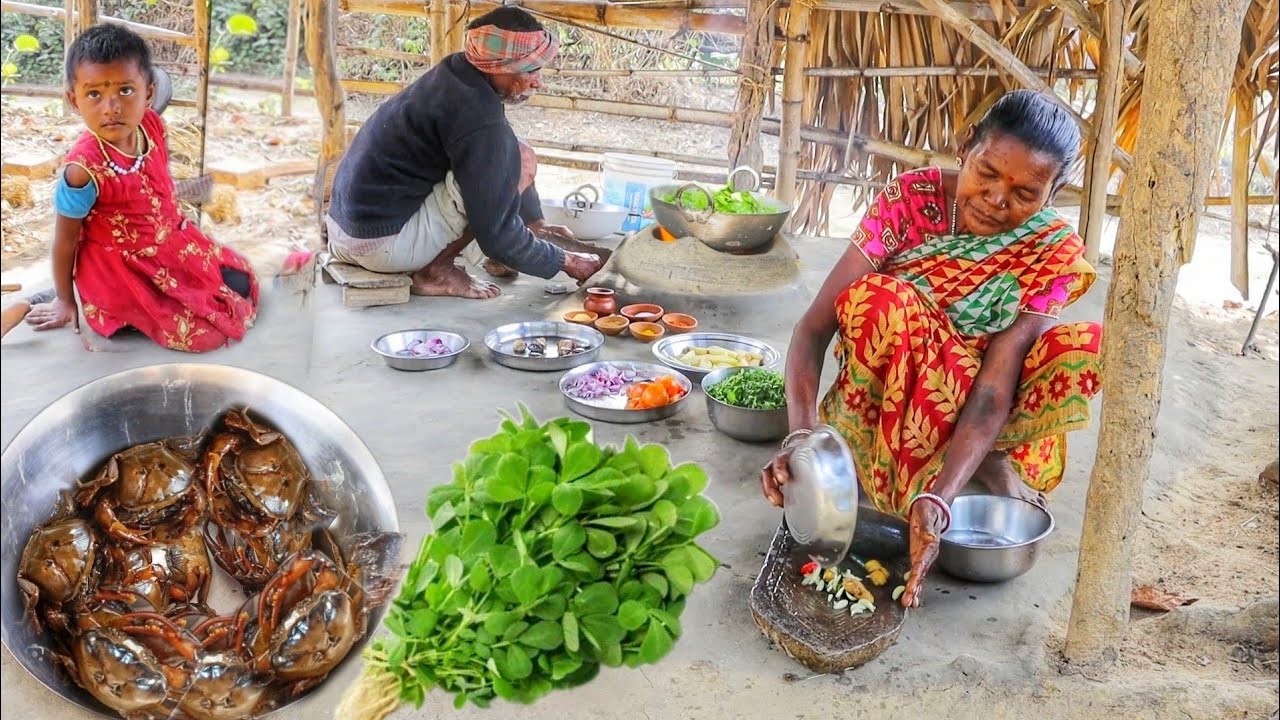 CRAB curry and METHI SHAK vaji cooking by our santali tribe grandma || crab recipe