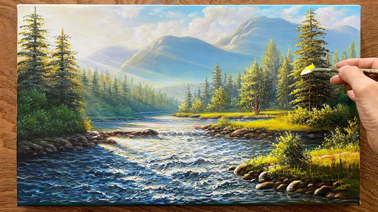 How to draw a landscape with beautiful morning sunlight / Learn Acrylic painting / Art painting.