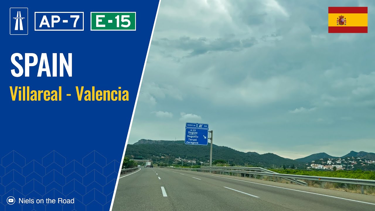 Driving in Spain: Autopista AP-7 E15 & A-7, V-30 from Villareal to Valencia