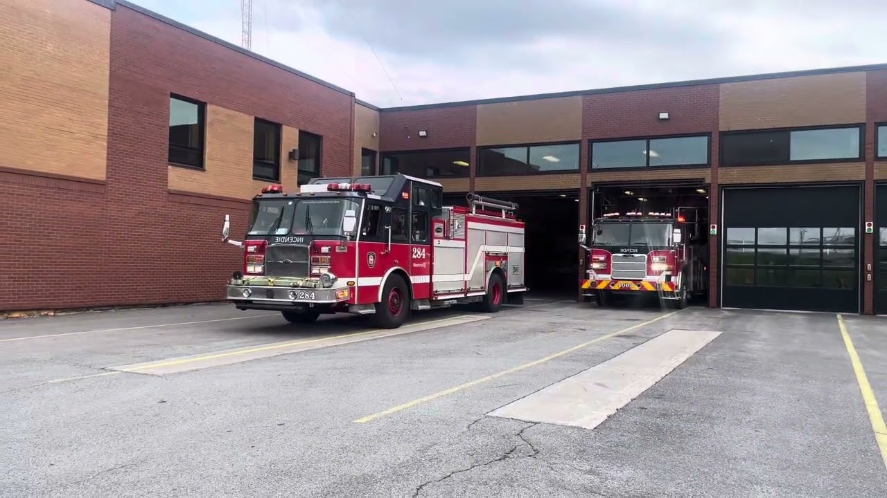 Montréal | Montréal Fire Service (SIM) Pumper R263 and Ladder 4063 responding to a fire alarm call