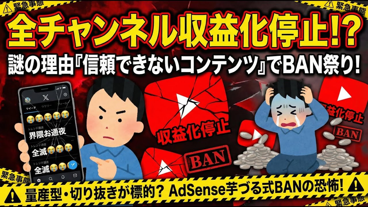 【緊急】全チャンネル収益停止…2026年1月の「連鎖BAN」祭りがヤバすぎる。AdSense無効化の条件とは？