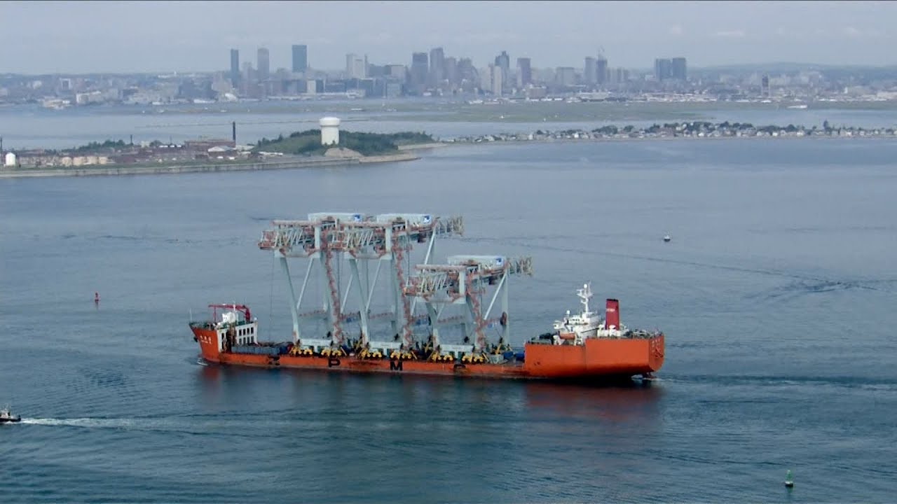 Giant cranes arrive in Boston Harbor