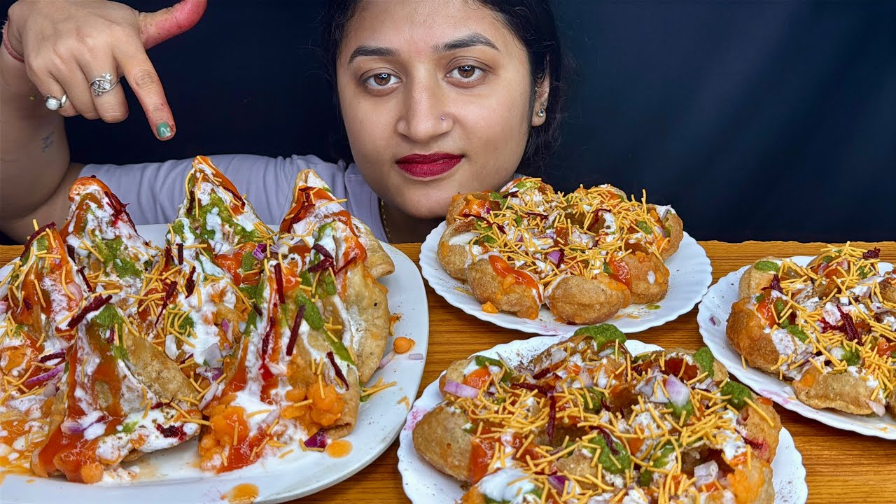 EATING DAHI SAMOSA CHAT|DAHIPURI ASMR|STREET STYLE DAHI SAMOSA EATING CHALLENGE|DAHI PUCHKA|FOODASMR