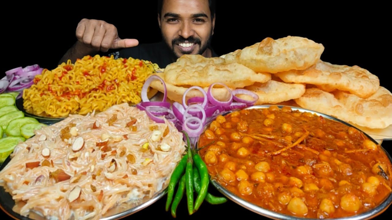 Street Chole Bhature Eating Challenge with Maggi | Seviya Kheer, Spicy Chilli & Salad Mukbang