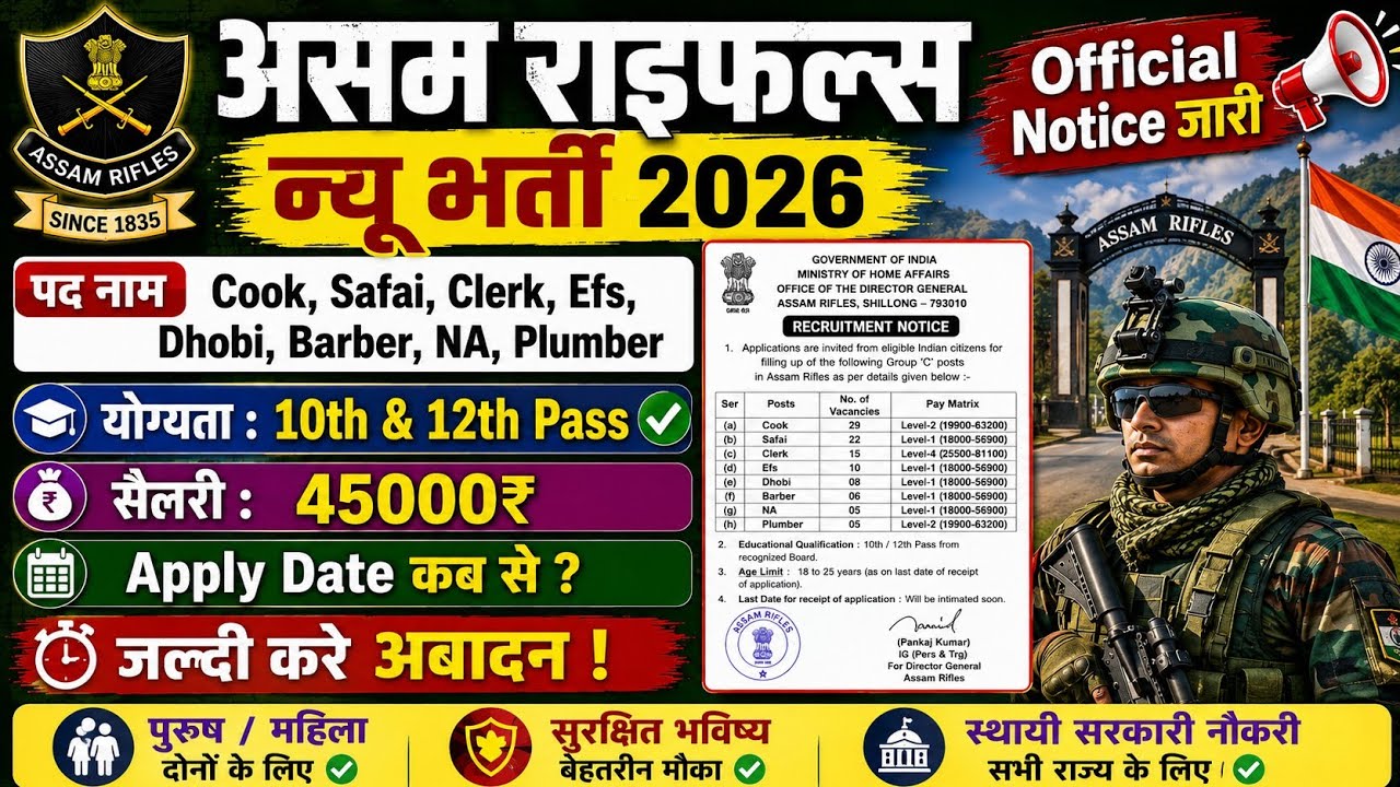🔥Assam Rifles New Bharti 2026 | Official Notice जारी | Cook, Clerk, Safai Vacancy | 10th & 12th Pass