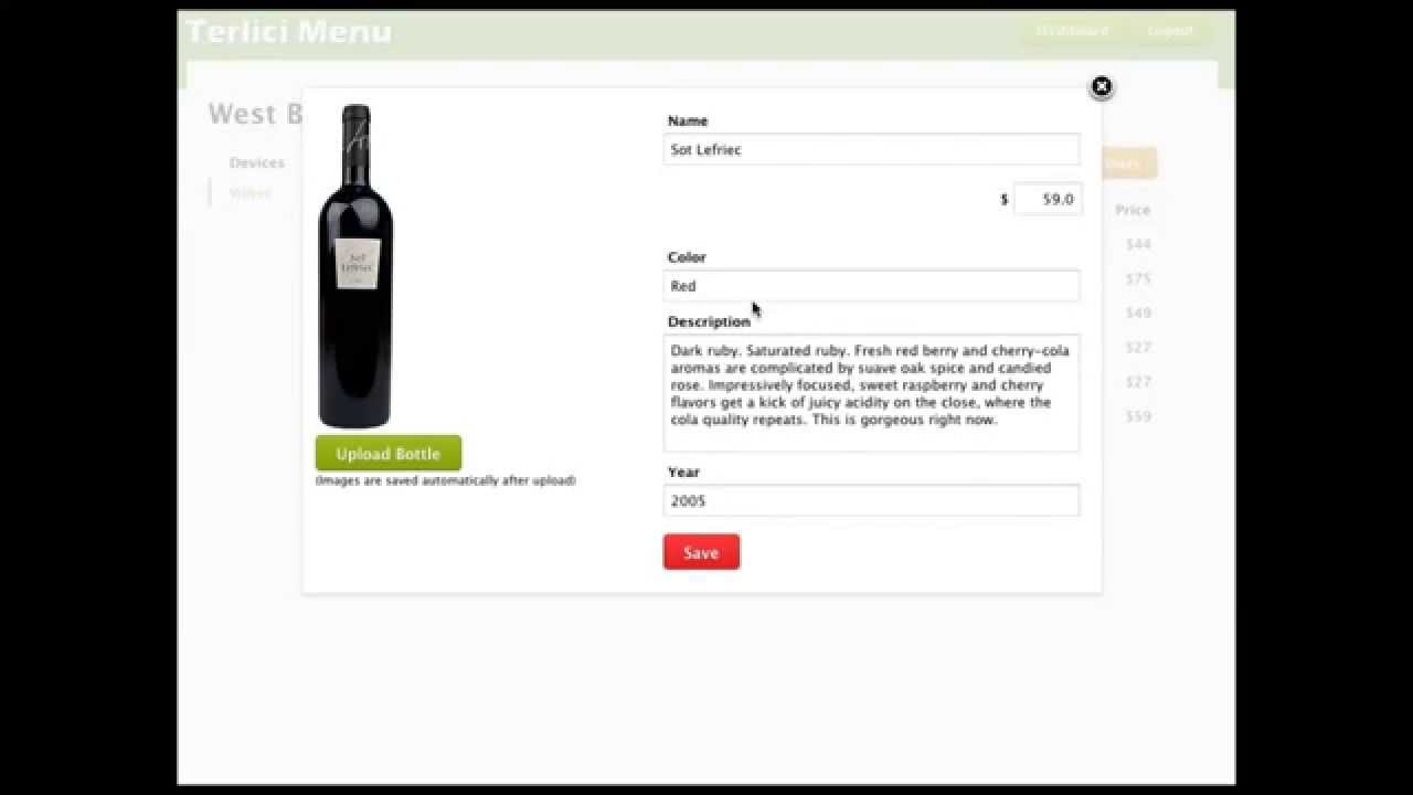 Terlici Tablet Menu for iPad & Android - Backend edit wine