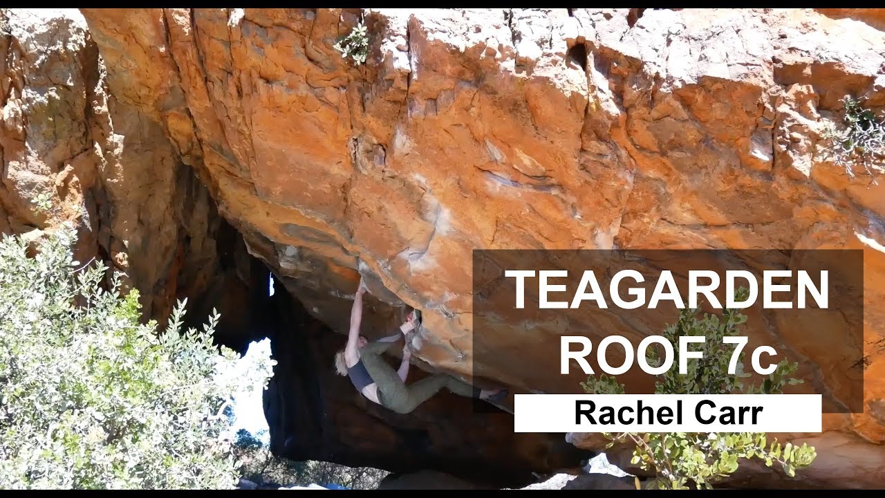 Rachel Carr - climbing 'Teagarden Roof' 7C Rocklands South Africa