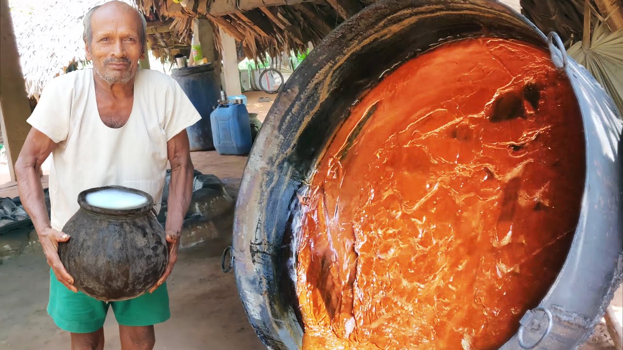 Jaggery Making Process With Toddy Palm Wine Juice Collecting From Toddy Tree | Tati Bellam Karupatti