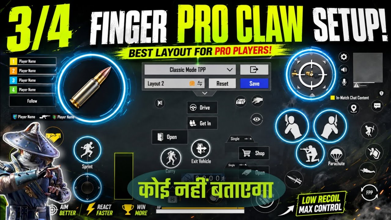 Bgmi / Pubg 3/4 Finger Best Pro Control Claw Setup | Bgmi Control Settings Guide 🔥 | Bgmi Ki Setting