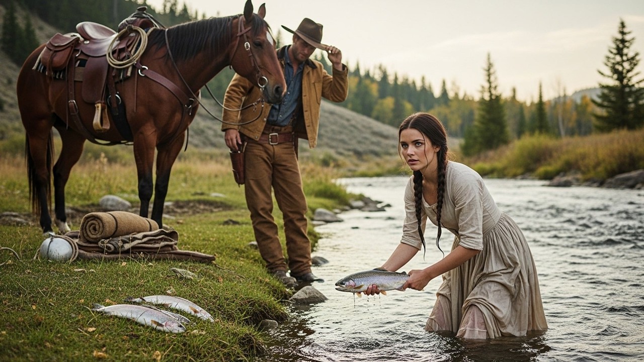 She Was Catching Fish With Her Bare Hands At Dawn, The Cowboy Watched Amazed And Asked Her Teach