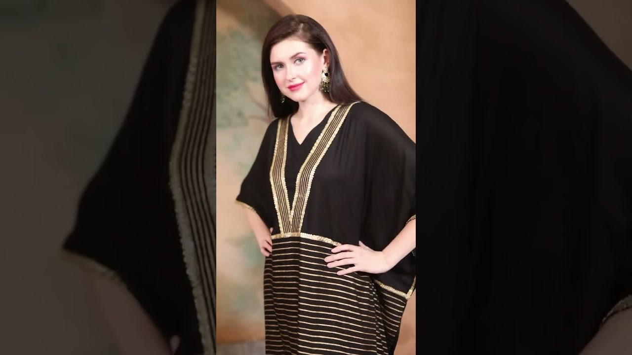 Long Black Dress For Women | Gold Block Printed Kaftan by Maxim Creation 