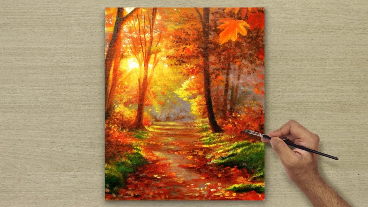 How to Draw a Beautiful Autumn Scenary / Acrylic Painting for Beginners / STEP BY STEP 