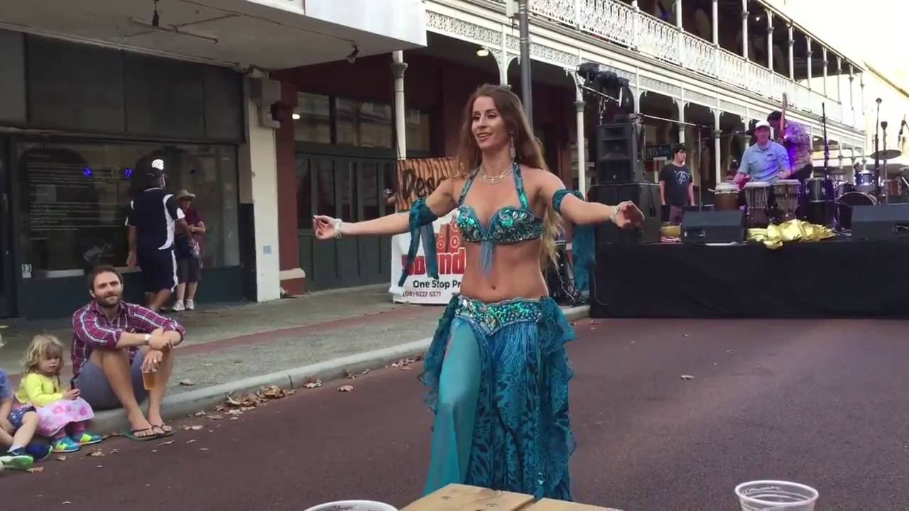 Phynia Perth Bellydancer performs a Drum improvisation at Fremantle Street Art Festival 2015
