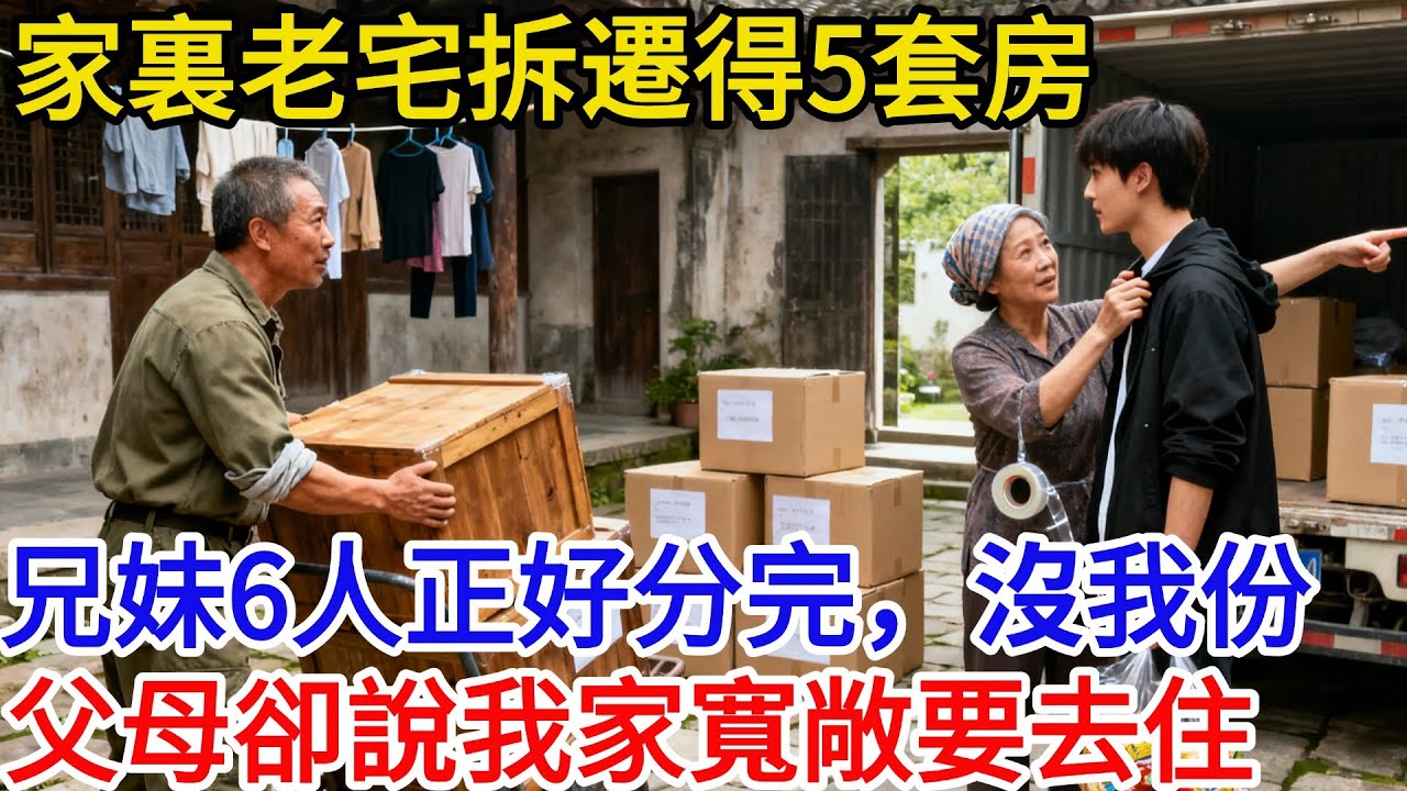 家裏老宅拆遷得5套房，兄妹6人正好分完，沒我份。父母打包行李時對我說：兒子，你家寬敞，我們先去你那兒過渡#故事分享 #故事頻道 #完结故事 #情感 #分享