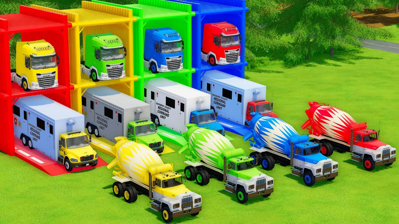 Garage with Colors - ALL MIXER TRUCK WITH DOUBLE FLATBED TRAILER TRUCK, MACK, FREIGHTLINER - FS22
