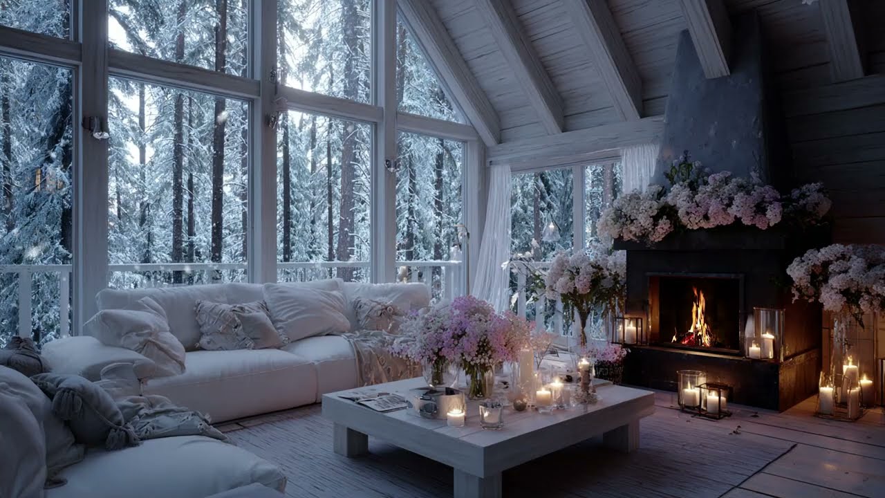 Warm Fireplace Glow And Soft Piano As Snow Falls Gently Beyond The Balcony