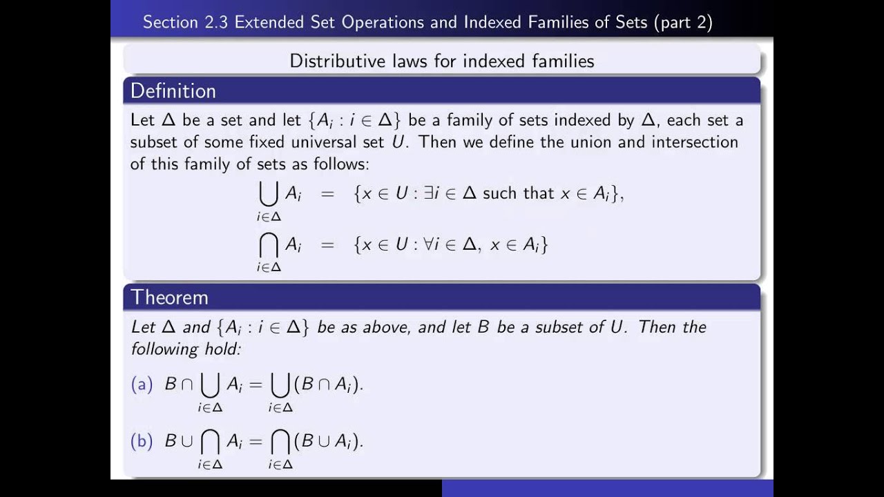 Section 2.3, part 2 Distributive laws for indexed families of sets