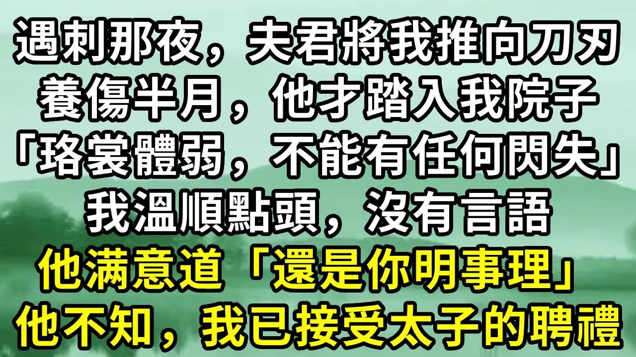 遇刺那夜，夫君將我推向刀刃。養傷半月，他才踏入我院子「珞裳體弱，不能有任何閃失」我溫順點頭，沒有言語。他满意道「還是你明事理」他不知，我已接受太子的聘禮#小说