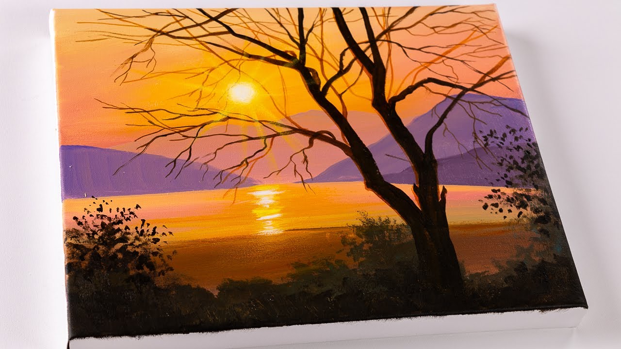 Easy Sunset Painting | Sunset Lake | Sunset Acrylic Painting For Beginners