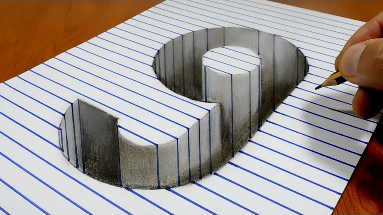 Draw a number 9 Hole on Line Paper   3D Trick Art